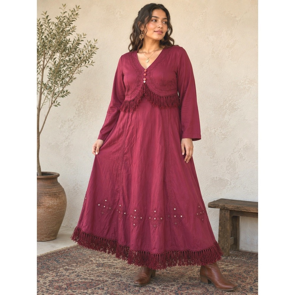 NWT VTG Anthony Mark Hankins Maxi Dress L Burgundy Embroidered Mirror Fringe Y2K